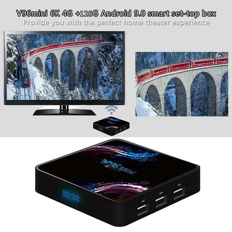 V96 Mini Android 9.0 TV BOX 6K H.265 2.4G/5G Wifi Bluetooth Set Top Box for Youtube Google Assistant 3D Video(4/128G EU Plug)