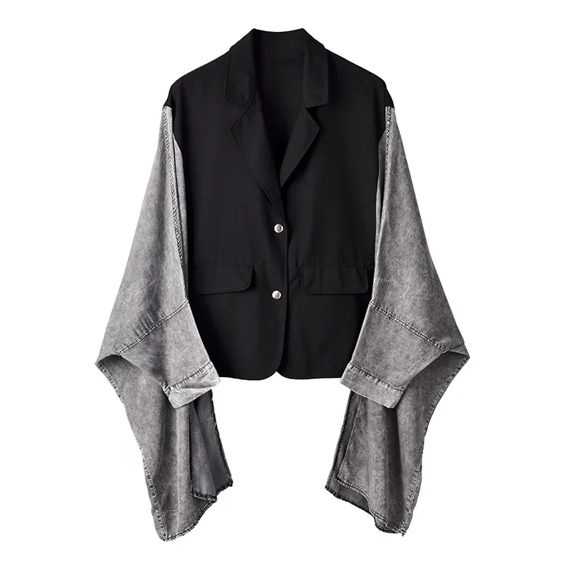 

Loose style contrast color fight large size asymmetric jacket new lapel long sleeve women coat fashion 2020 women's clothing