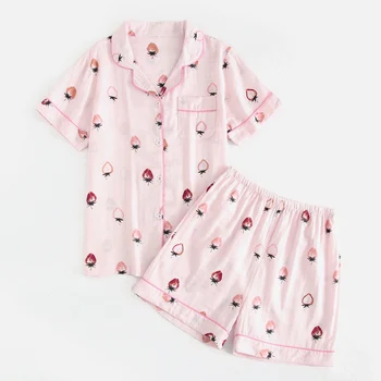 

100% Cotton Harajuku Pajamas Sets Women Cute Print Tops and Pants 2-piece Set Sleepwear Female 2020 Summer Kawaii Lady Nightwear