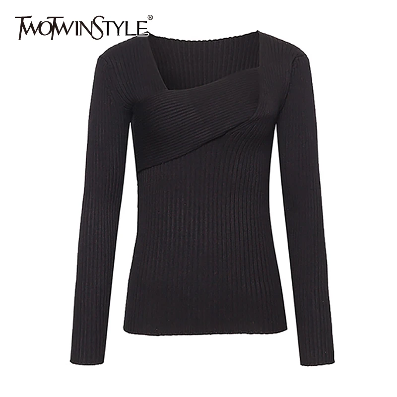 

TWOTWINSTYLE Casual Irregular Women's Sweaters Asymmetrical Collar Long Sleeve Slim Sweater Female Fashion 2020 Clothing Tide