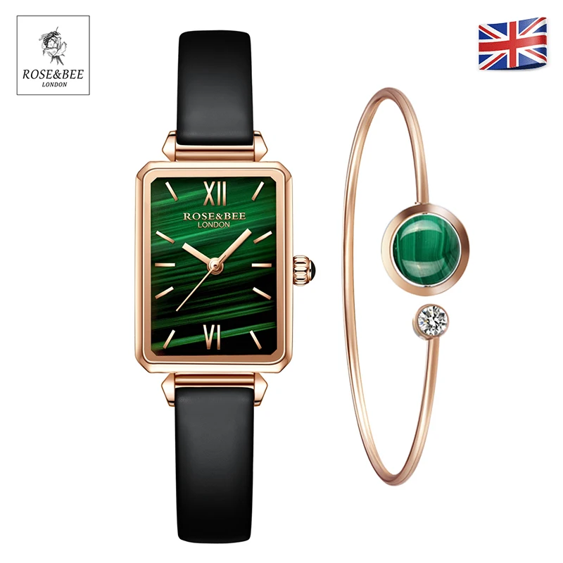 Bracelet & watch Genuine Leather Strap Green Malachite Japan Quartz Lady First Layer Cowhide Belt Rose Gold Women Watches 1 Set women watches