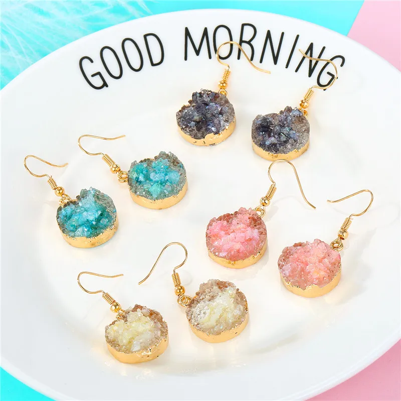 

Dayoff Boho Simulated Druzy Stone Resin Earrings For Women Jewelry Handmade Unique Geometric Round Drop Dangle Earring E188