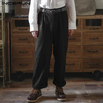

Fashion Men's Straight Pants Button Solid Color Baggy Cotton Joggers Business Pants Streetwear Casual Trousers Men 2020 INCERUN