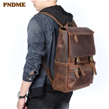 

PNDME vintage casual genuine leather men's backpack handmade design natural crazy horse cowhide women's outdoor travel bagpack