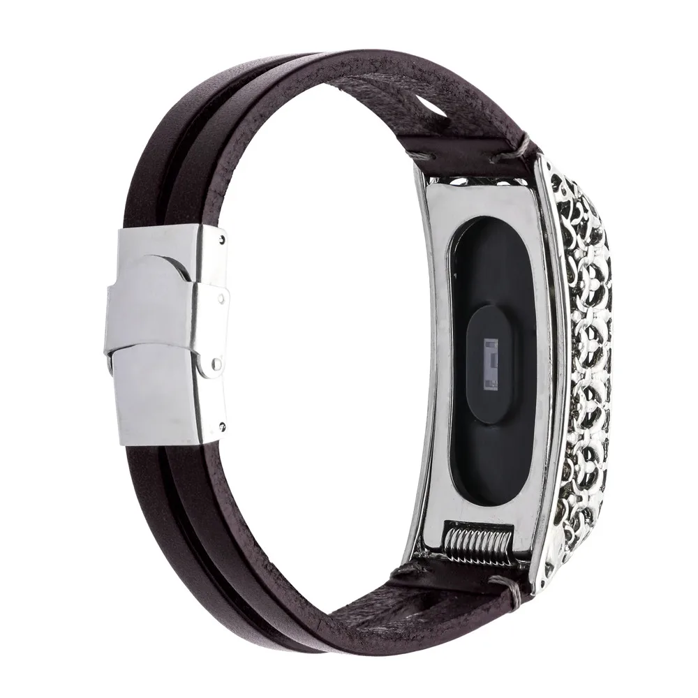 Винтаж двухрядные кожаные умные часы-браслет для Xiaomi mi Band 3 браслет с серебристым металлическим чехол mi nority Стиль ремень 225 мм