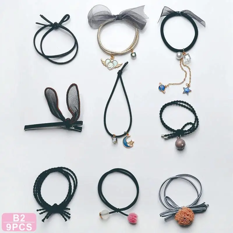 black hair clips 8/9/12/16/25PCS Pure and Fresh Sweet starry sky Series Maiden Elastic Hair Bands Ribbon Flowers Pentagram Rabbit ears Hair Clips bow hair clip Hair Accessories