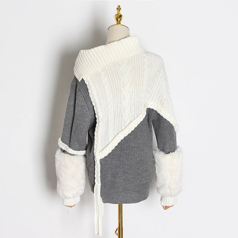 TWOTWINSTYLE Лоскутная шерсть вязание женский свитер нерегулярный воротник с длинным рукавом кардиганы Асимметричные женские Свитера Мода