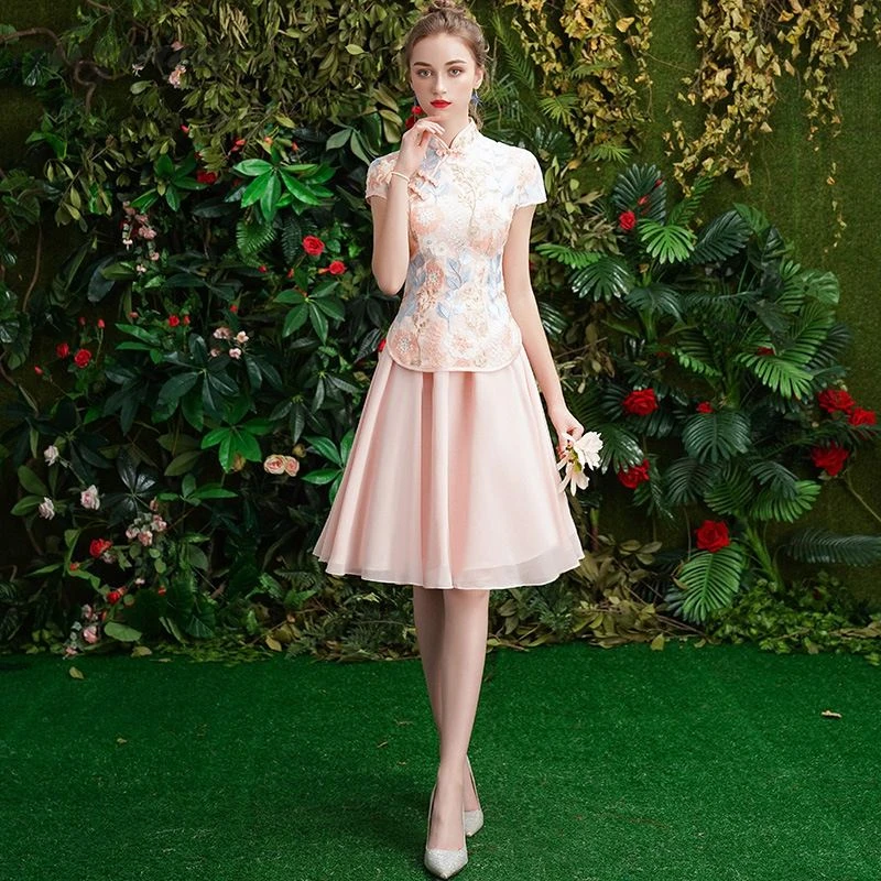 

Summer New Lace Short Cheongsam Pink Chinoise Bridesmaid Gown Qi Pao Women Traditional Chinese Dress Qipao Sister Dresses