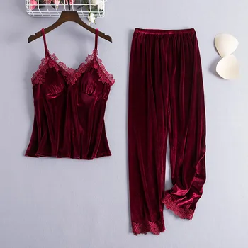 

Sexy Lady V-Neck Sleeveless Pajamas Set Velour Robe Gown Strap Top Pants Nightdress Sleepwear Nightgown Nightwear Homewear M-2XL