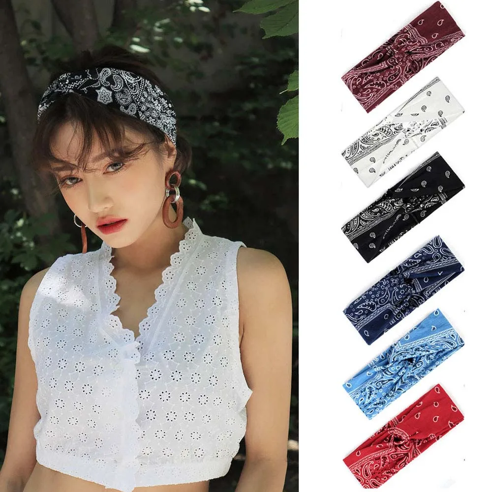 

6 Colors Cross Knot Flower Print Headband Boho Style Women Girls Elastic Twist Turban Bandanas Hairband Sweet Summer Style