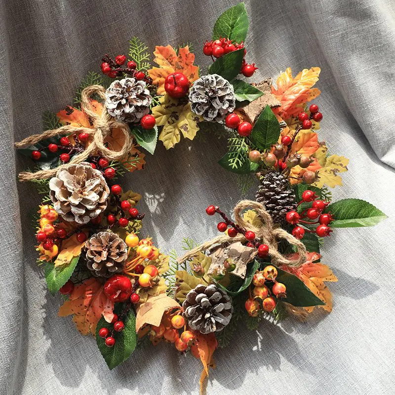 

12Inch Decoration Ornament Christmas Wreath Artificial Pine Cones Berries And Maple Leaves Holiday Hanging Front Door