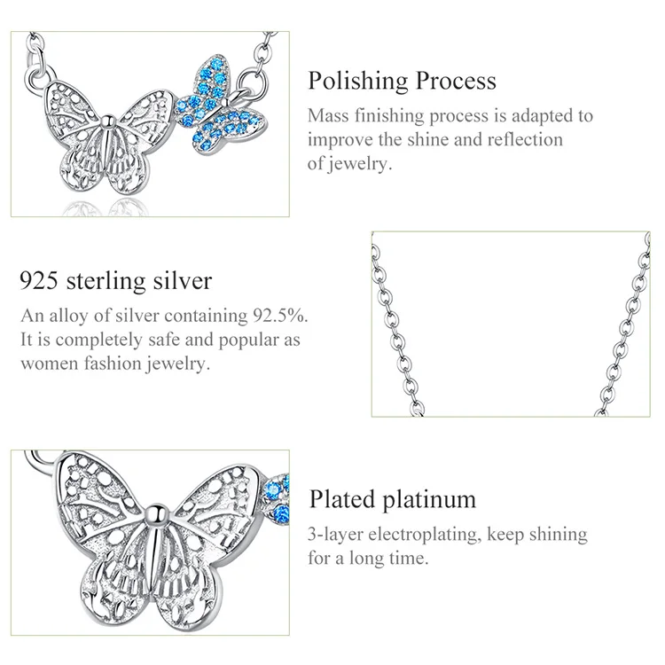 Bamoer 925 пробы, серебряные ювелирные наборы, ожерелье с бабочкой и кольца на палец для женщин, корейский стиль, модные ювелирные изделия ZHS184