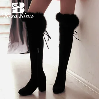 

RIZABINA Women Over The Knee Boots Solid Color High Heels Shoes Winter Fur Zipper Long Boots Warm Women Footwear Size 32-43