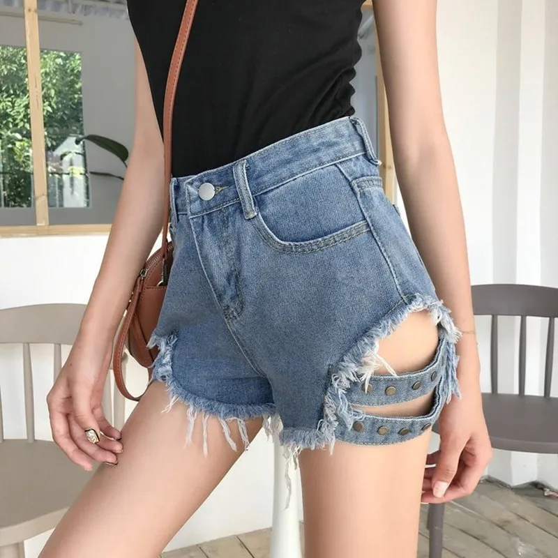 

Female Fashion Rivet Summer Cool Women Denim Booty Shorts High Waists Fur-Lined Leg-Openings Sexy Short Hot Pants Plus Size 5XL