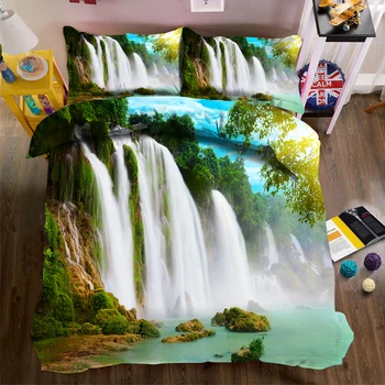 

Pastoral style 3d Bedding Duvet Cover set Green Forest Waterfall Landscape Pattern Soft Fabric Quilt Cover Pillowcase 3pcs