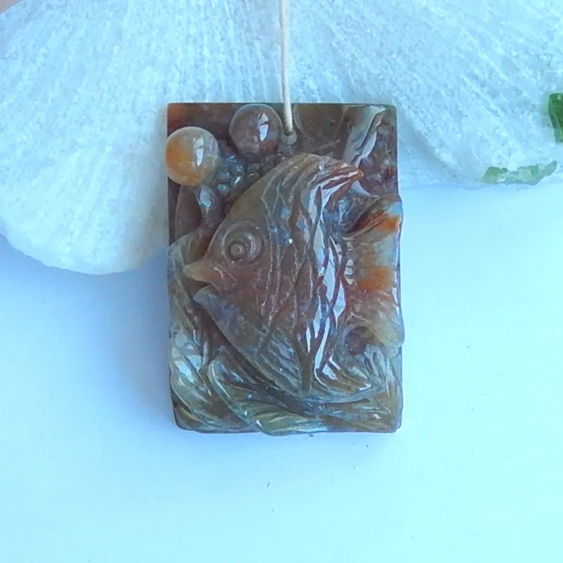 

Hand Carved Ocean jasper fish pendant,Gemstone pendant jewelry,35x25x12mm,17.4g