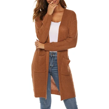 

Women Knitted Long Coat Long Sleeves Thin Solid Color Loose Pocket Cardigan Women Sweater Jackets sueter mujer invierno