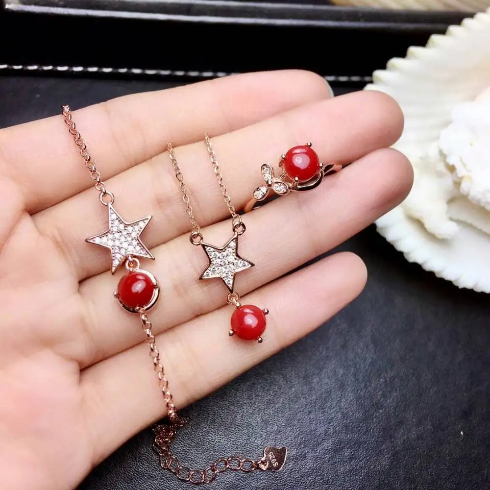 

MeiBaPJ Natural Red Coral Gemstone Five-pointed Stars Jewelry Set Silver Ring Necklace Earrings 3 Pieces Suits Wedding Jewelry