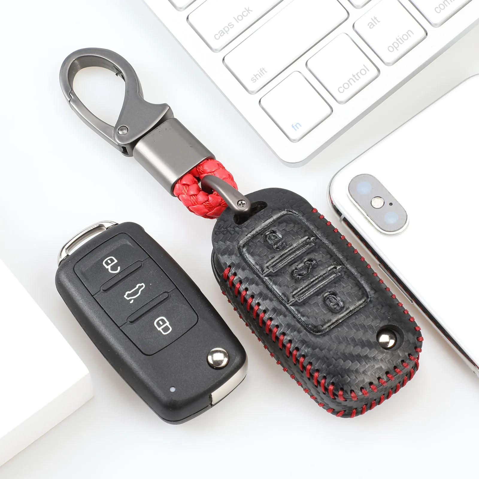 redline Jingyuqin углеродное волокно ключ чехол для VW гольф Бора для Golf, jetta, Polo Golf Passat; Skoda Octavia A5 Fabia сиденье Ibiza Leon автомобиля защитная крышка - Название цвета: redline