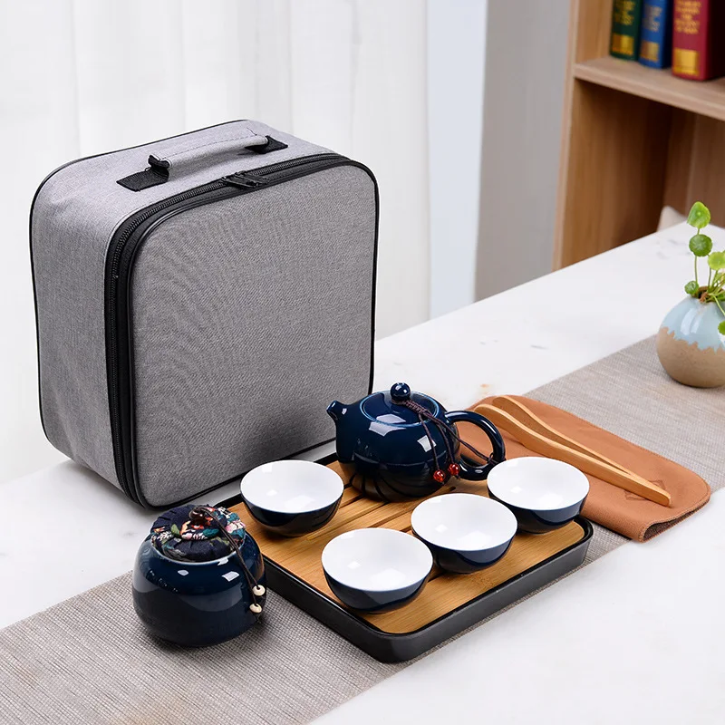 

Blue Greenish Blue Enamel Travel Tea Set a Pot of Four Cup Carrying Case Creative Kung Fu Tea Set Logo Customizable