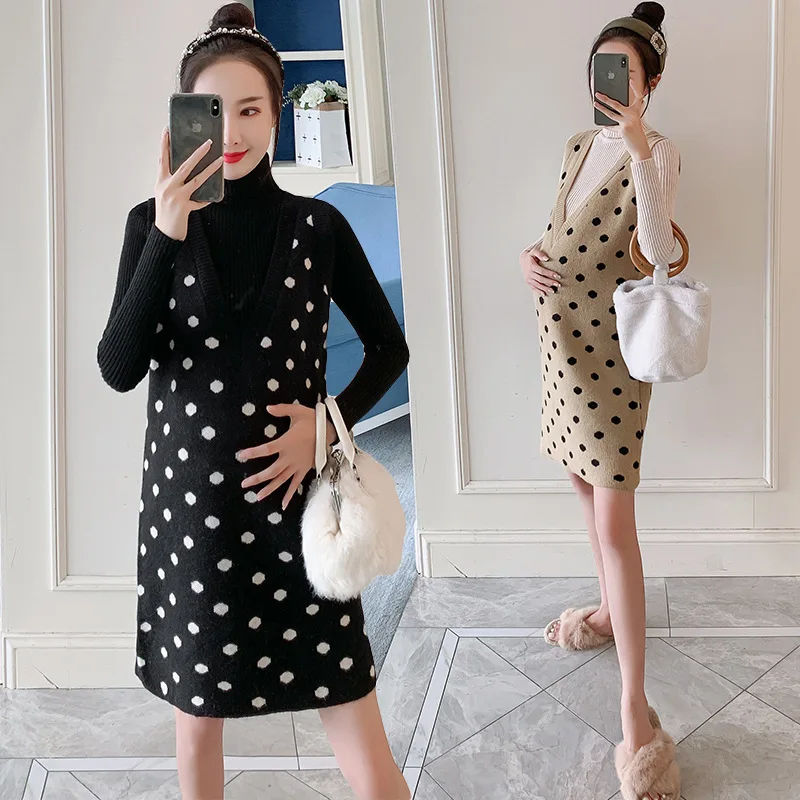 

Photo Shoot 2019 Maternity Clothes Two-Piece Set Korean V-neck Polka Dot Fashion Pregnant Women Hot Mom Knit Tank Dress Large Si