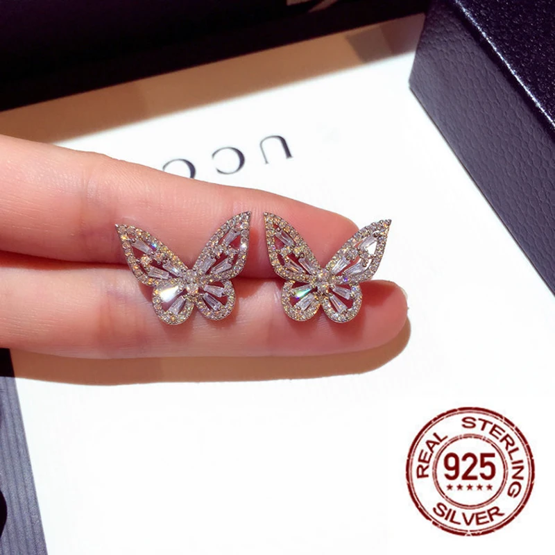 S925 Silver Earrings necklace Full zircon Butterfly Female Temperament Korean Personality Simple Wild Net Red | Украшения и