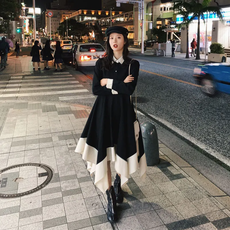 

2020 Spring New Contrast Color Dress Women High Waist Contrast Color Irregular Fashion Dress Women