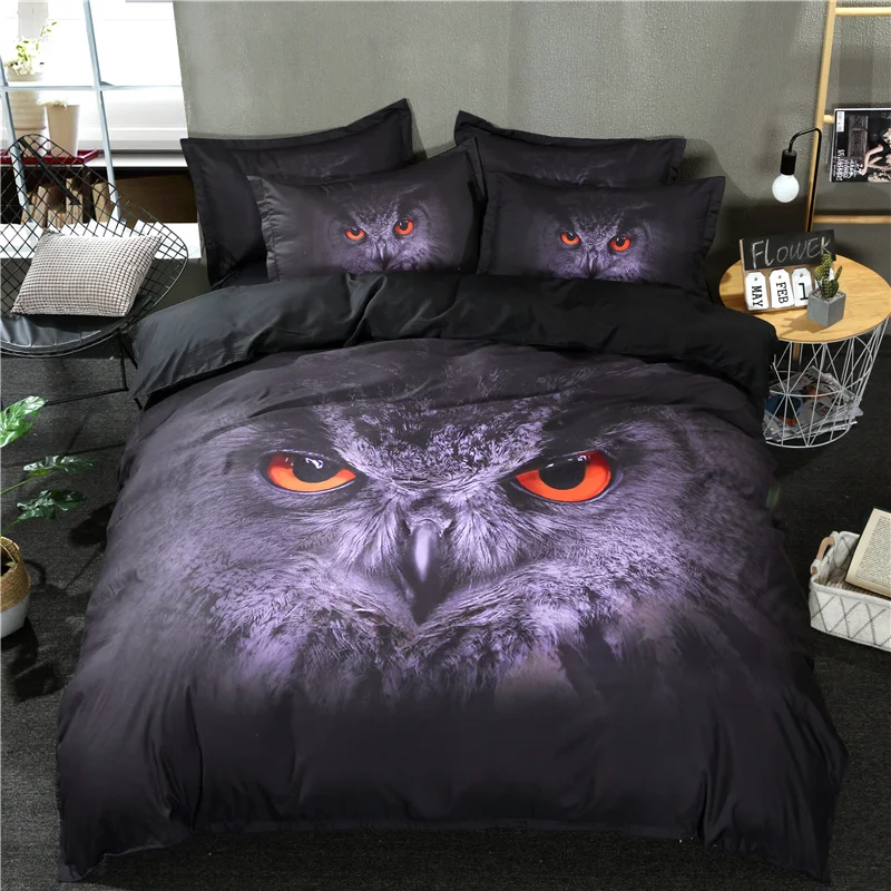 3D Owl Quilts Bedding Cover New Black Animal Print Duvet Pillowcase Home Textile Queen King Size 