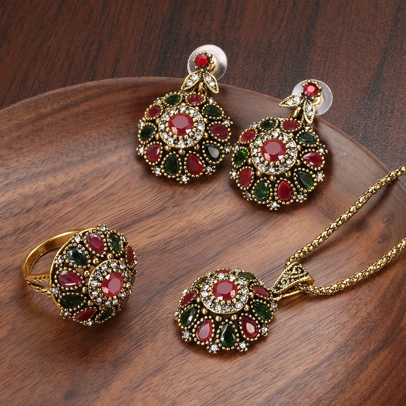 Ethnic Bride Crystal Flower Earring Ring Jewellery Set