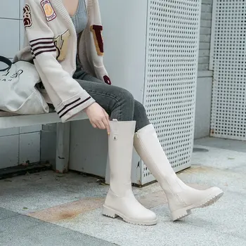 

2020 Autumn Combat Boots Women Mid Calf Boots Platform Shoes Elegant Beige Boots Mid Heel Black Leather Zipper Boots for Women