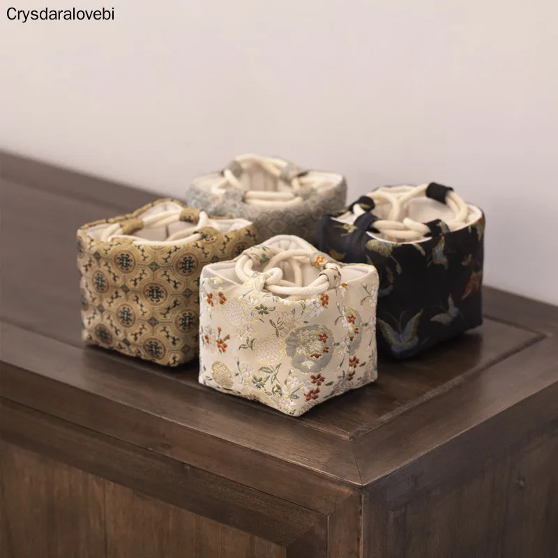 Chinese Style Retro Brocade Tea Set Storage Bag Portable Cotton Linen Tea Cozies Household Travle Accessory Hand Bag