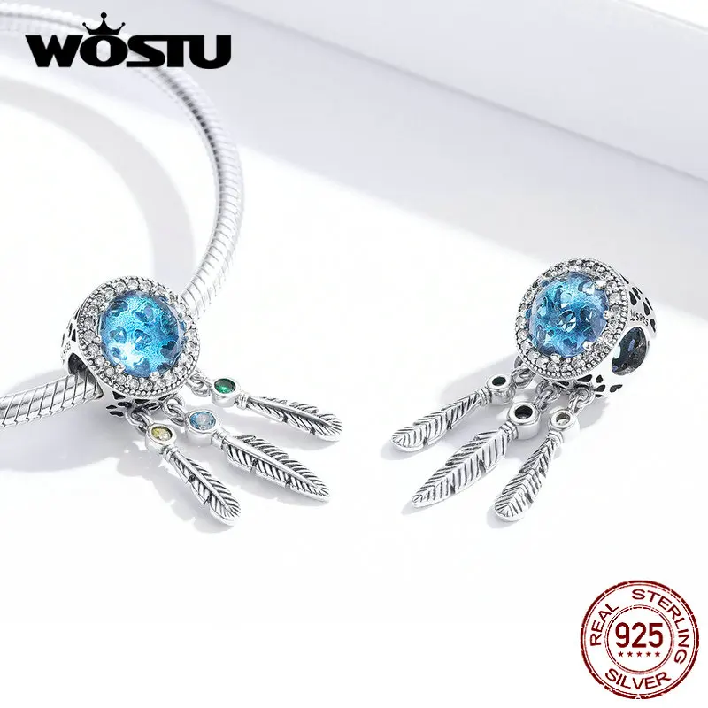 Billige WOSTU Echt 925 Sterling Silber Dreamcatcher Baumeln Feder Charms Fit Ursprüngliche Armband Anhänger Blau Glas Perlen Schmuck FIC1384