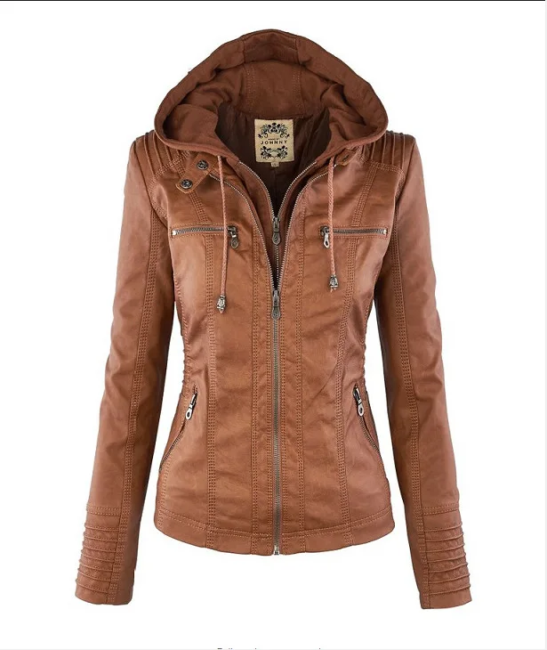 

New Style Europe And America Fashion Deconstructable Fold-down Collar Long Sleeve Solid Color Zipper WOMEN'S Leather Jacket Jack