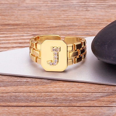 Arrival Fashion Gold Color Initial Ring Open Design Adjustable Hot Sale Watchband Chain A-Z Letters Zircon Rings For Women