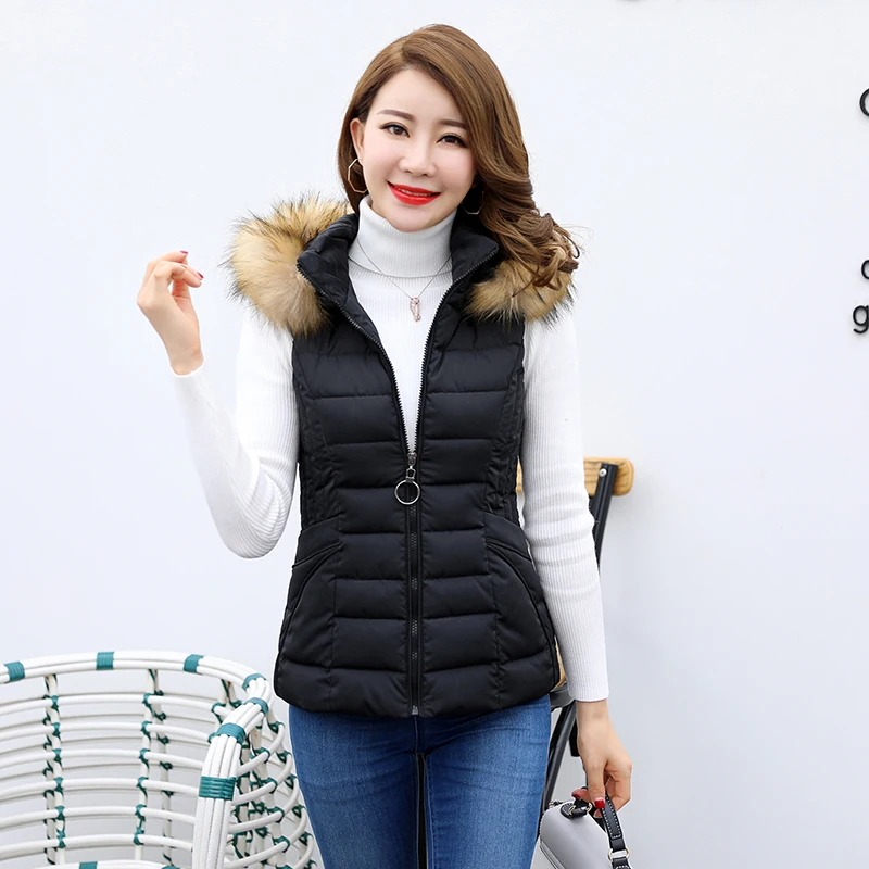 Kopen Swredmi Bontkraag Vrouwen Winter Vest Korte Vest Vrouwelijke Jas Jas Mouwloze Dikke Warme Vest Hooded Voor Meisjes M 3XL