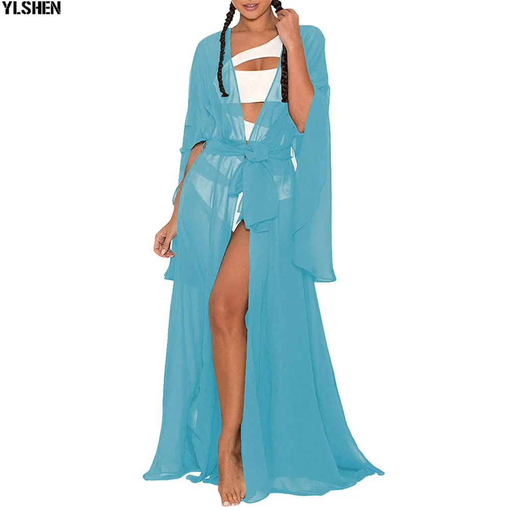 Blue African Dress Africa Dresses for Women Clothes Dashiki Bat Sleeve Cardigan Blouse Chiffon Maxi Dress Vestido Africano Robe 05