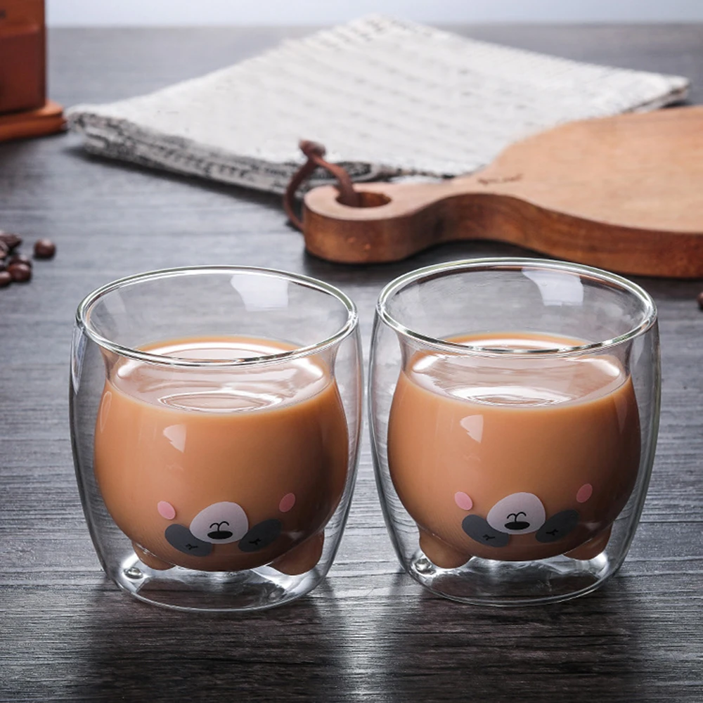 3D Медведь с двойными стенками, прозрачные стеклянные чашки 250 мл, термостойкая прозрачная чайная чашка для молока, сока, вина, пива, кофе, питьевая чашка кружка