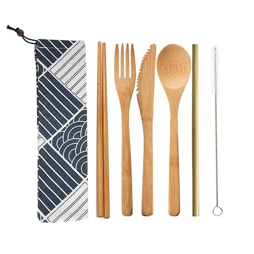 Bamboo Picnic Straw Eco-friendly Spoon Fork Chopstick Cutlery Set With Cloth Bag Kitchen Utensil Knife Natural Travel Portable
