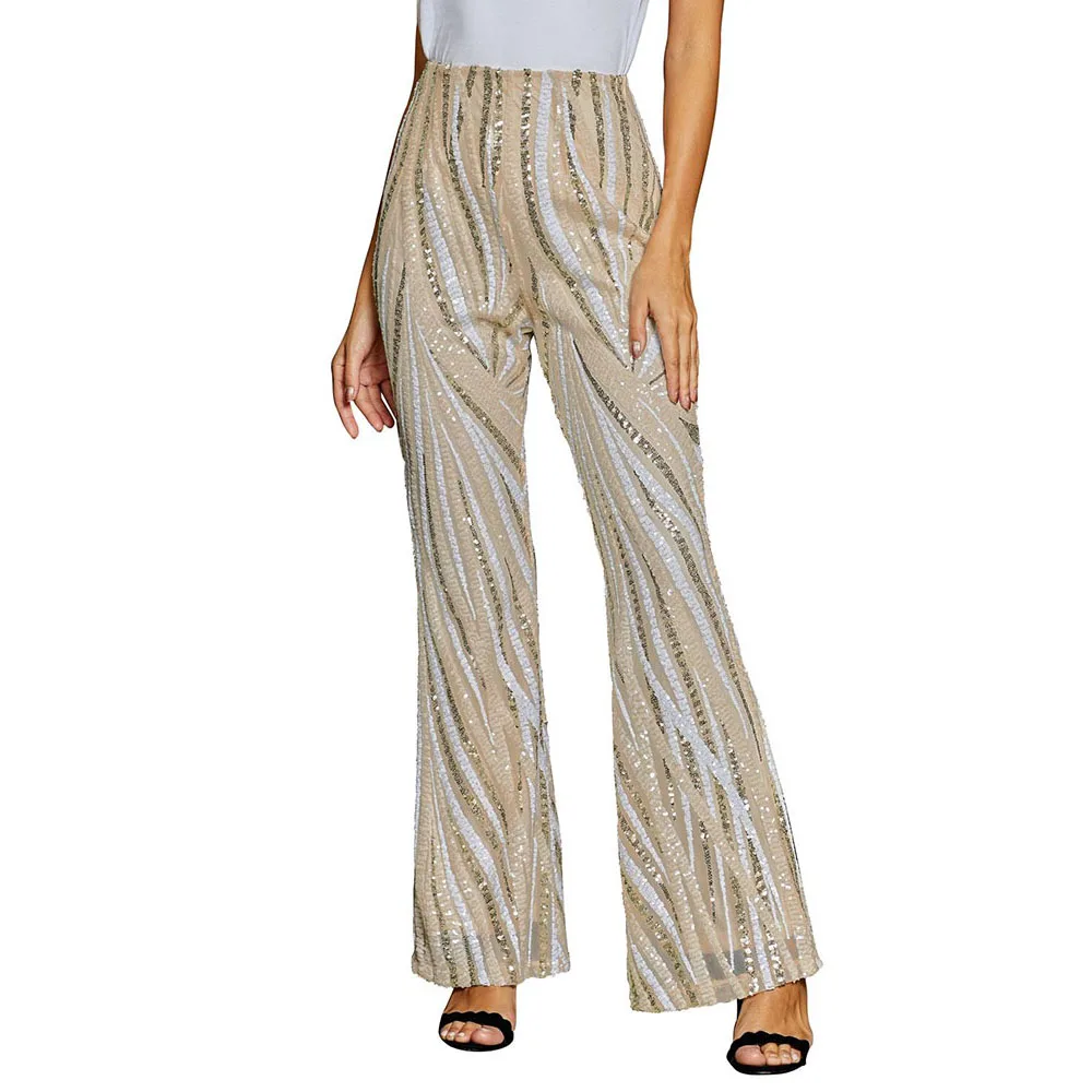 Apricot Pants SEBOWEL, женские, абрикосовые, с узором, на молнии, с блестками, расклешенные, вечерние, Осенние, женские, с высокой талией, блестящие штаны, брюки, размер s-xl - Цвет: Apricot Pants
