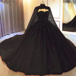 Sparkling Crystals Wedding Dress with Long Cape Wrap High Neck Ball Gown Gorgeous Arabic Bridal Gowns Shiny Vestidos De Noiva