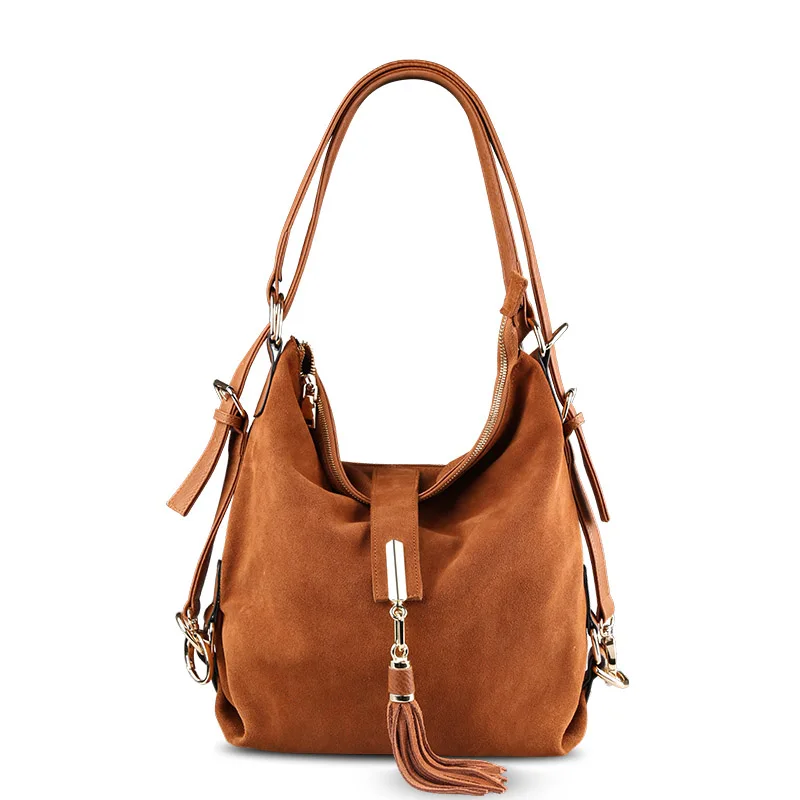 Women Real Split Suede Leather Shoulder Bag Female Leisure Nubuck Casual Handbag Hobo Messenger Top-handle bags - Цвет: Yellow Brown