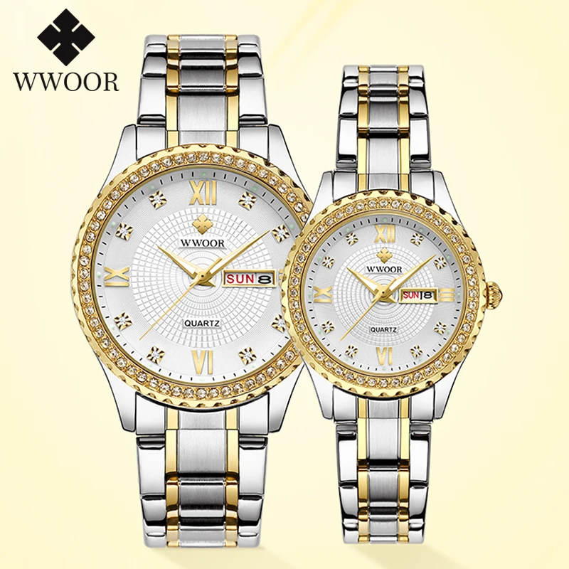 Couple Watch Diamond WWOOR Lovers Gift Quartz-Pair Women Luxury Brand Fashion Stainless-Steel