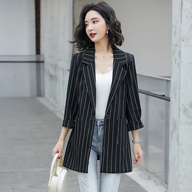 

2019 Spring Suit Women's Korean-style Versitile Fashion Mid-length New Style Three-quarter-length Sleeve Thin Stripes Suit Jacke