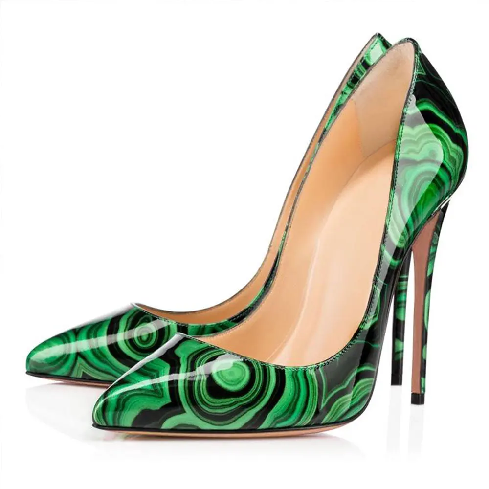 

Pointy Toe Shallow Pumps for Women Green Flower Print High Heels Usual Dress Wedding Party Basic Shoes Size 34-45