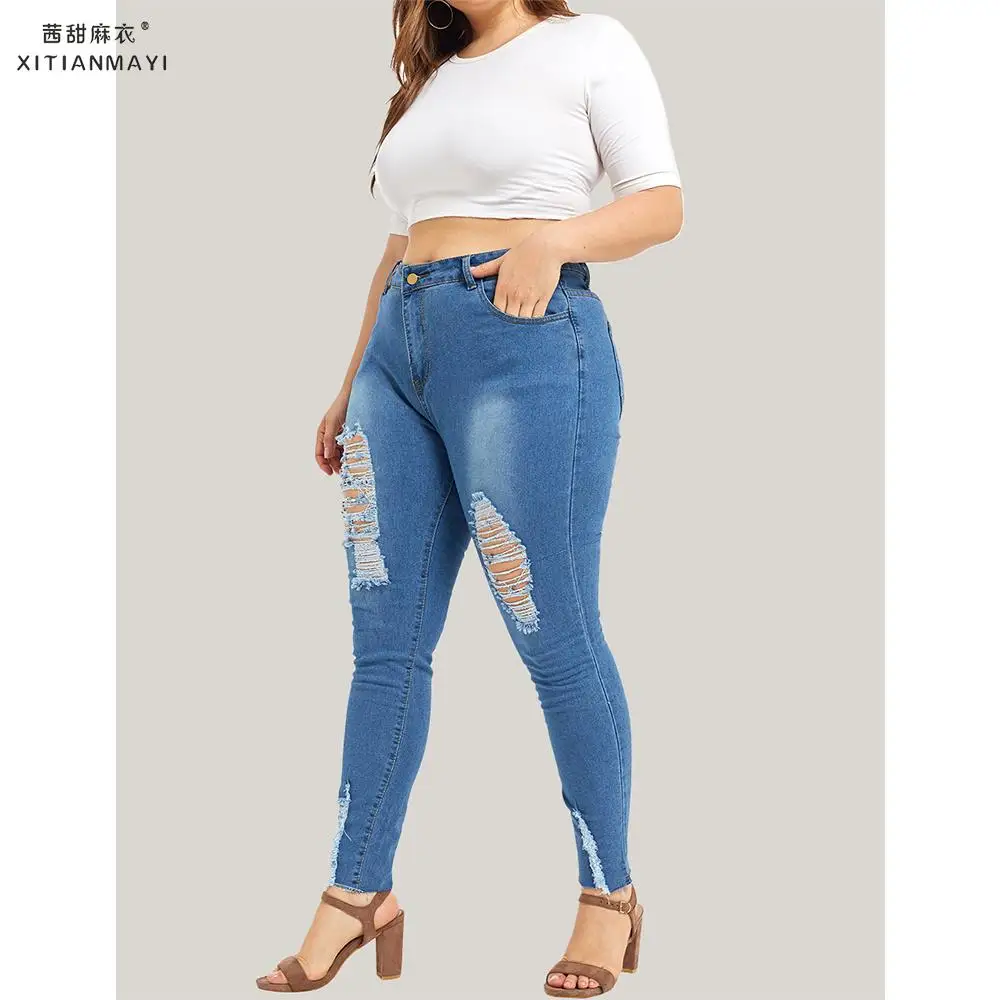 

Jeans Woman Casual Button Ladies High Waist Jeans Fashion Ripped Hole Denim Skinny Jeans Streetwear Plus Size jean femme 5XL H25