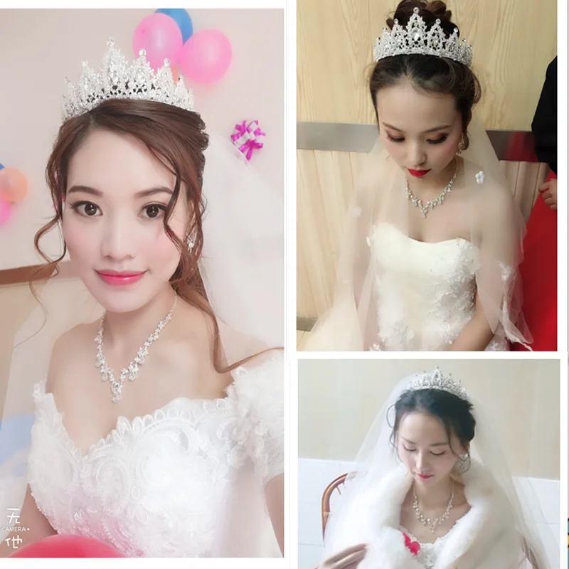 Bridal Jewelry Set Rhinestone Crystal Gold Tiara Silver Crown Earrings for Wedding Necklace Set Accessories Bride Luxury Jewelry (1)
