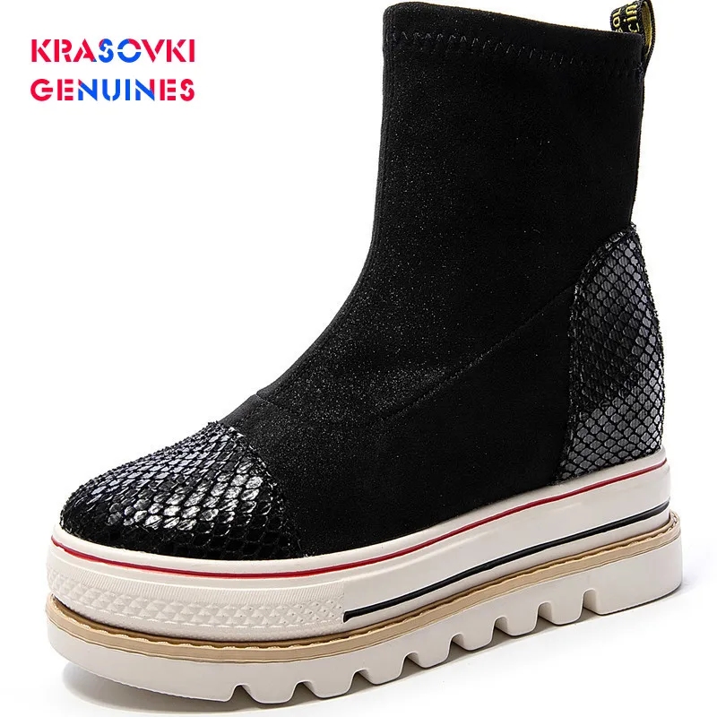 

krasovki genuines 2020 Women Boots Winter Genuine Leather Thick Stretch Fashion Booties Female Shoes Platform Snow Boot Women