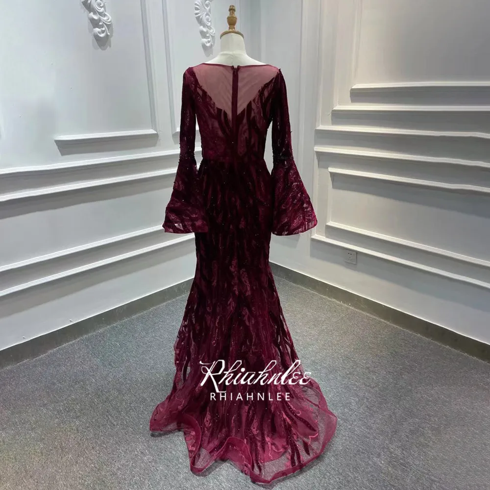 Long Sleeve Wine Red Mermaid Evening Dresses Luxury Dubai Beaded Muslim Formal Gowns Rhiahnlee evening dresses with sleeves