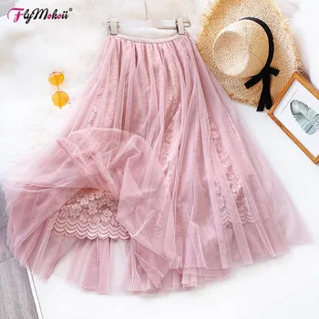 

Plus Size Korean Elegant Summer Maxi Women Long Tulle Skirts Elastic High Waist Lace Mesh Pleated Skirt Fashion Streetwear