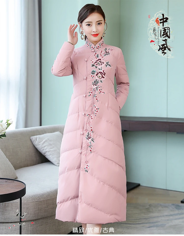 HANZANGL китайский стиль винтажная Пряжка Cheongsam хлопковая куртка зимняя длинная куртка с вышивкой Cheongsam пальто женская одежда S-3XL